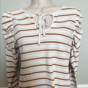 Striped Tie-Neck Puff Sleeve Knit Top - White & Tan
